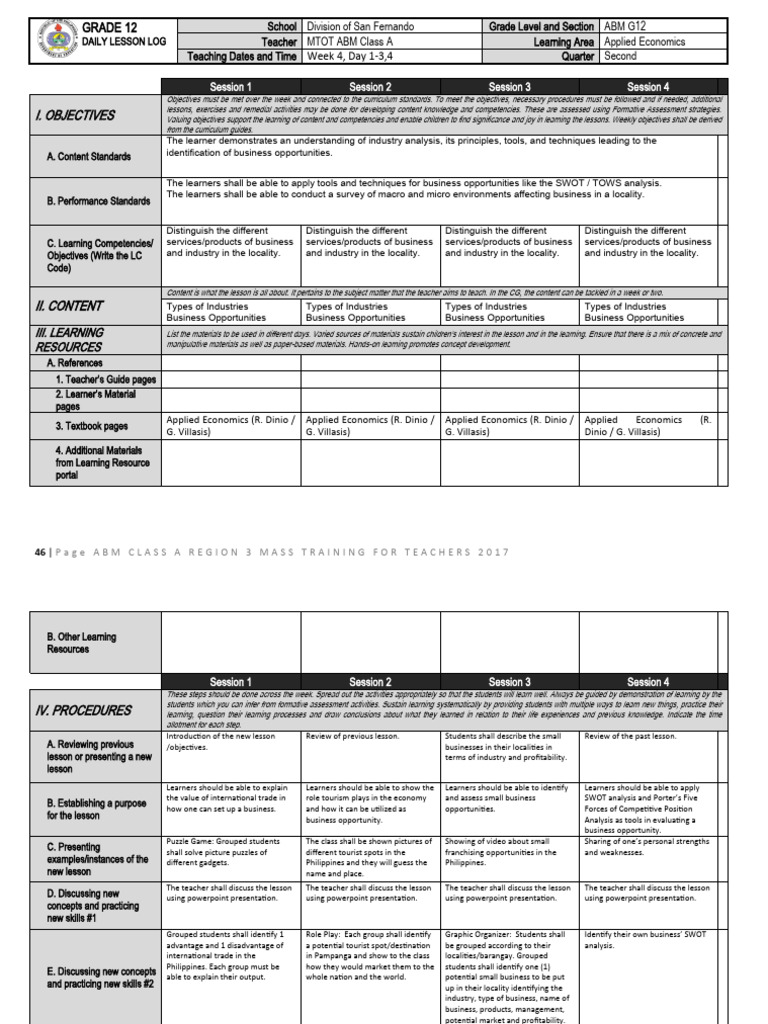 ABM G12 Applied Economics Lesson Plan | PDF | Learning | Human ...