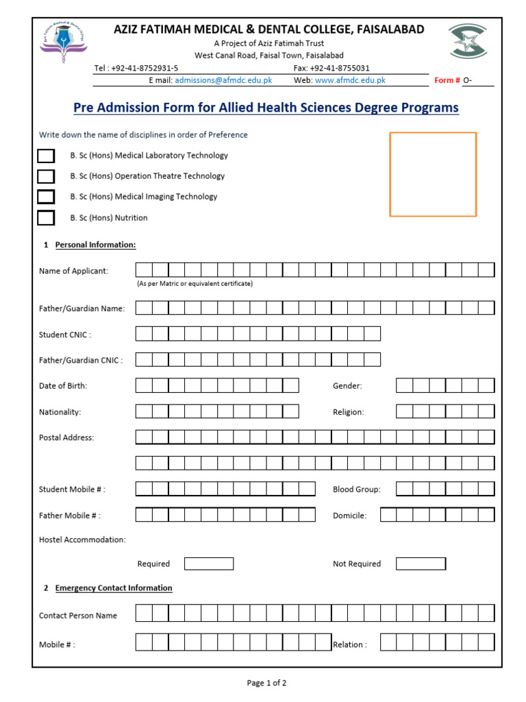 Allied Health Sciences Admission Form | PDF