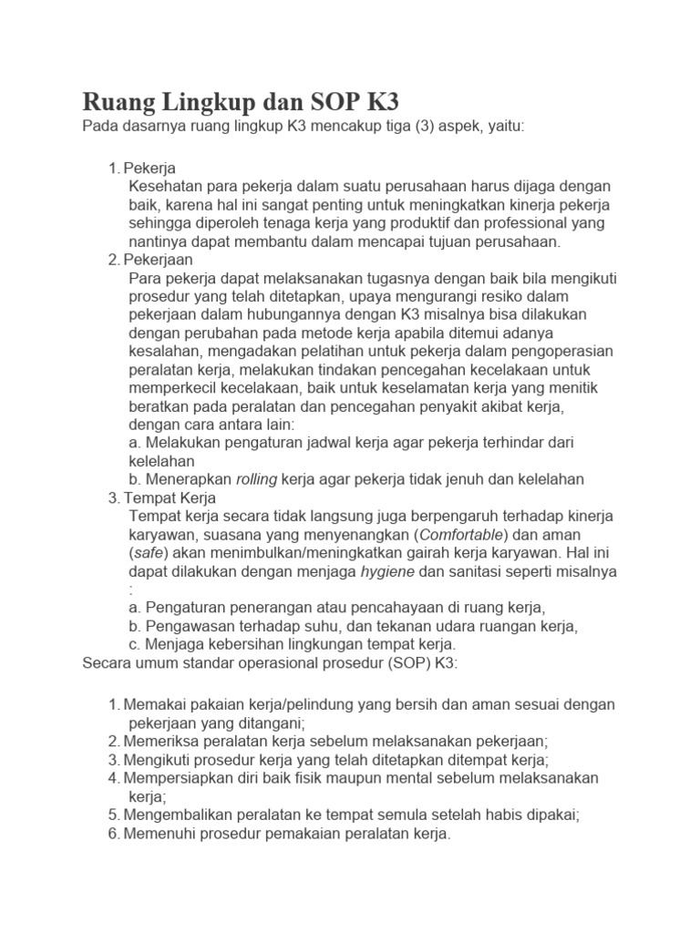 Ruang lingkup dan sop k3 pdf