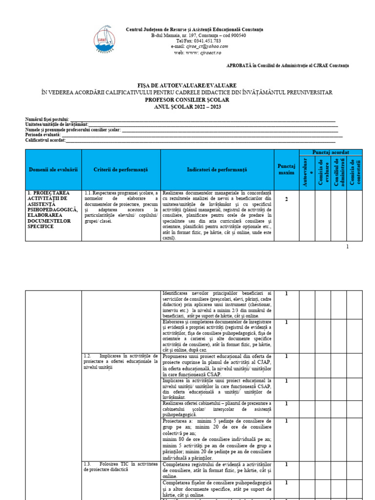Fisa Evaluare Anuala - Profesor Consilier Scolar CJAP - CSAP - 2022 ...