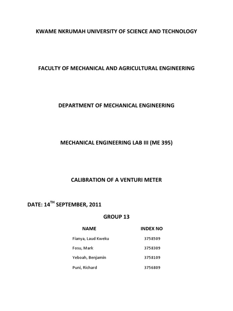 Lab Report For Venturi Meter PDF Physical Phenomena Physics