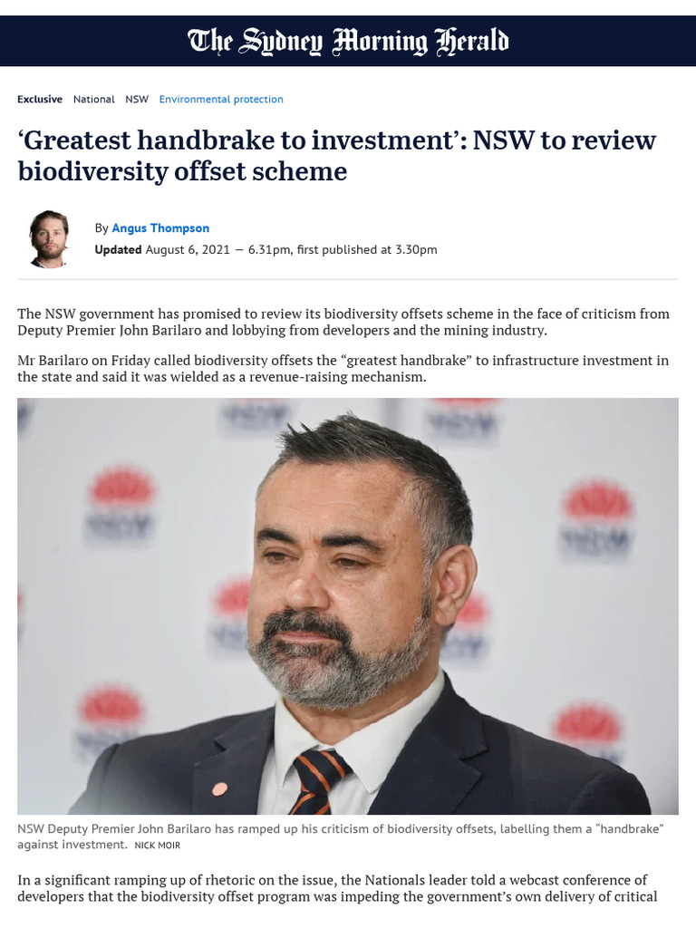 Greatest handbrake to investment nsw to review biodiversity offset