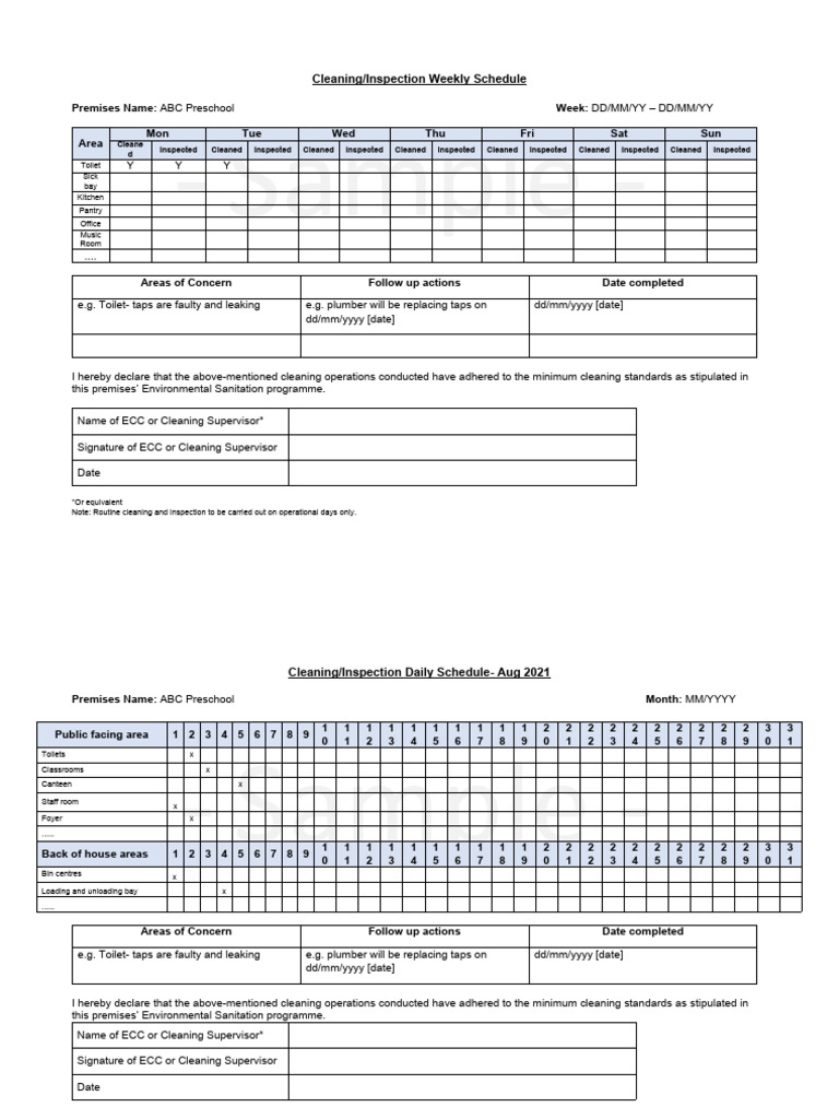Sample Cleaning Inspection Schedule (Weekly Monthly) PDF Waste