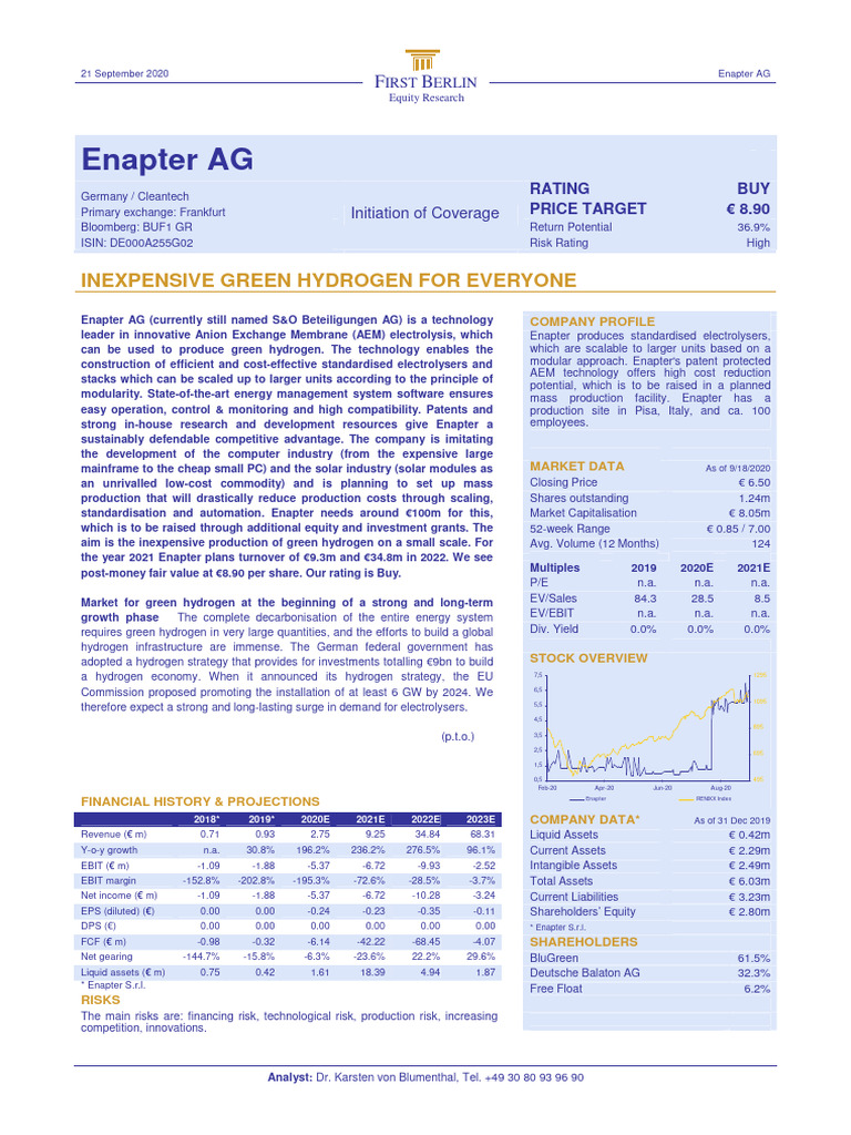 Enapter AG: Green Hydrogen Investment Analysis | PDF | Stocks | Investing