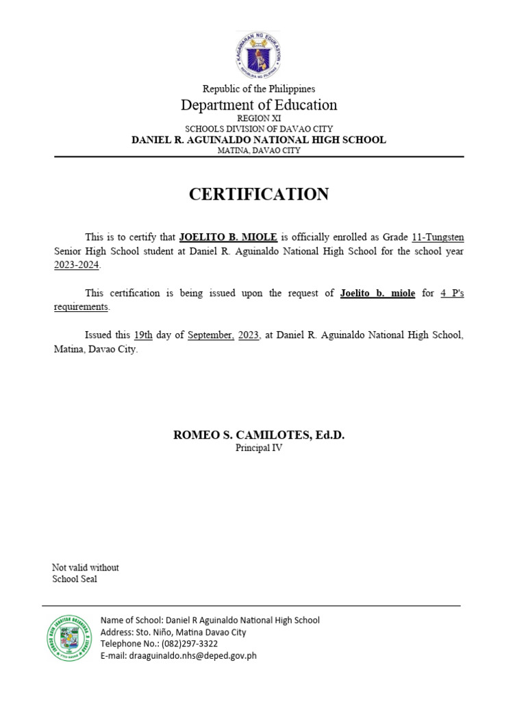 Certificate of Enrollment PDF