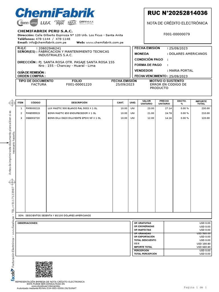 RUC N°20252814036: Chemifabrik Peru S.A.C | PDF