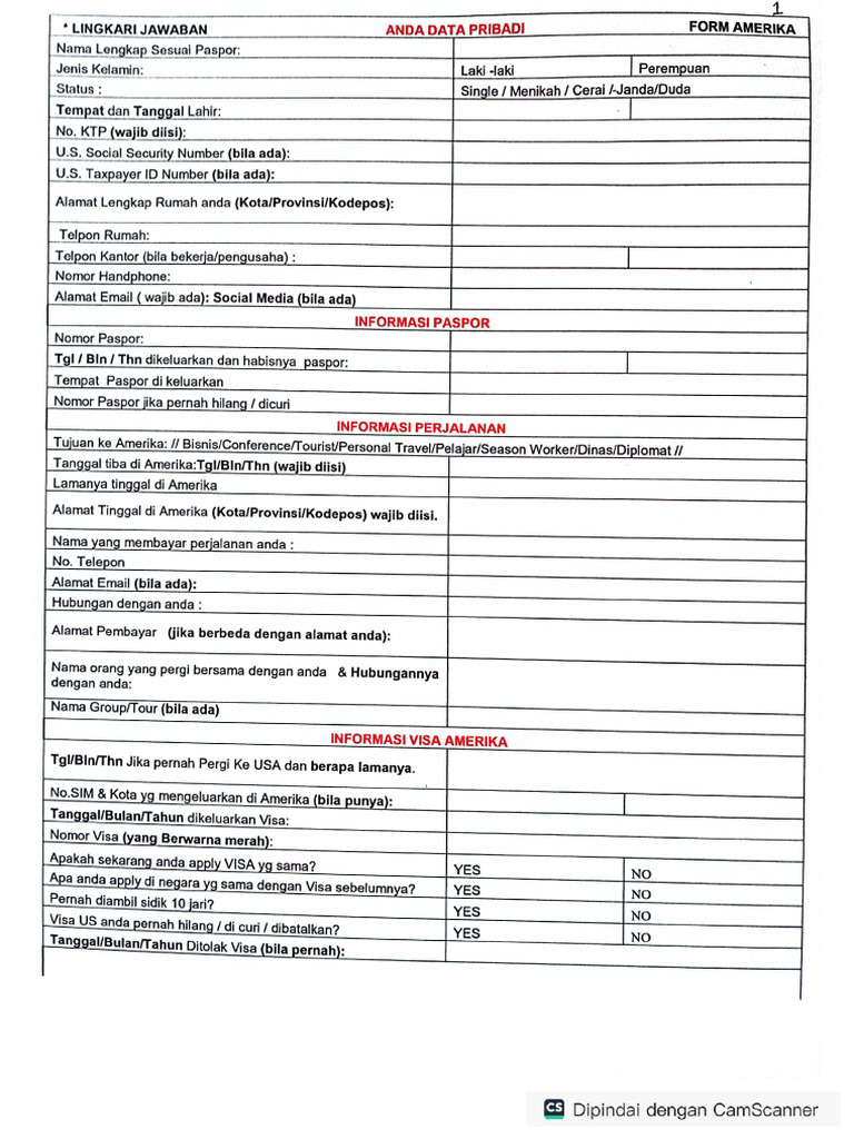 Blanko Aplikasi Visa USA | PDF