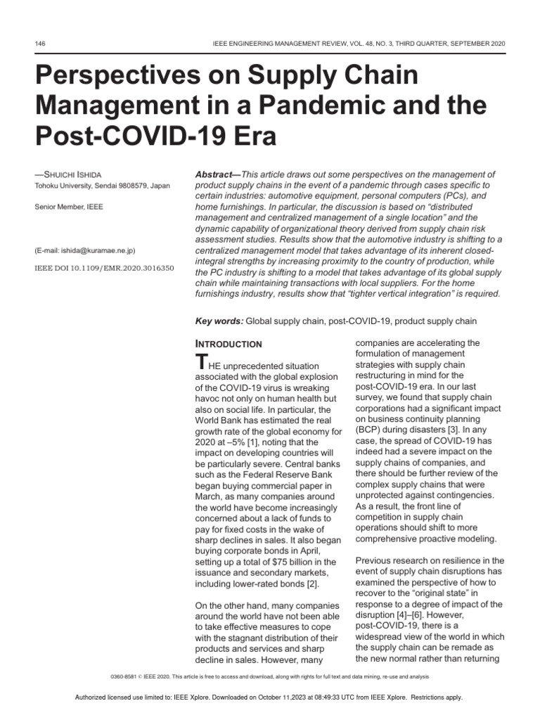 Perspectives On Supply Chain Management in A Pandemic and The Post ...