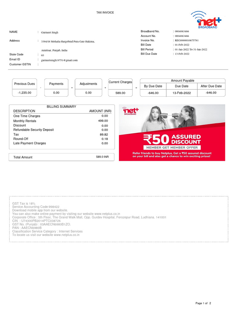 Netplus Broadband Tax Invoice Summary | PDF | Receipt | Cheque