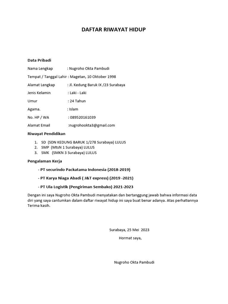 Cv Daftar Riwayat Hidup Terbaik Pdf