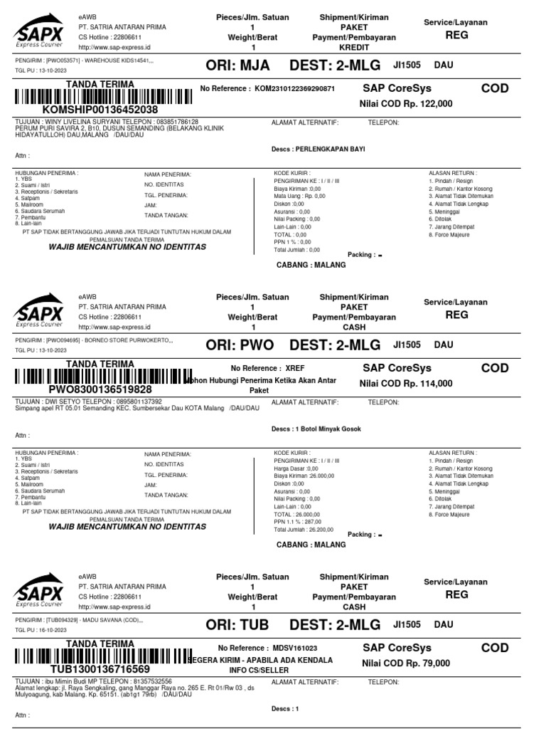 Ori: Mja Dest: 2-Mlg: JI1505 DAU Tanda Terima Nilai COD Rp. 122,000 | PDF
