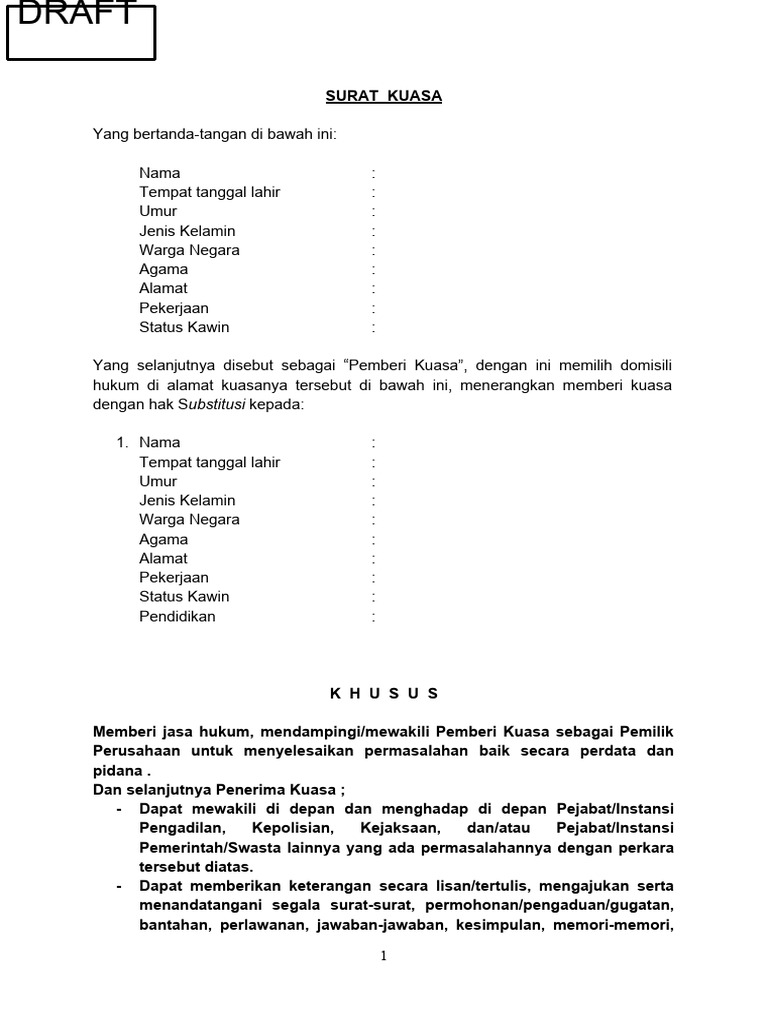 Surat Kuasa untuk Perwakilan Hukum | PDF | Politics | Social Science