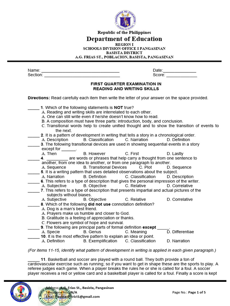 First quarter reading and writing skills test questions pdf