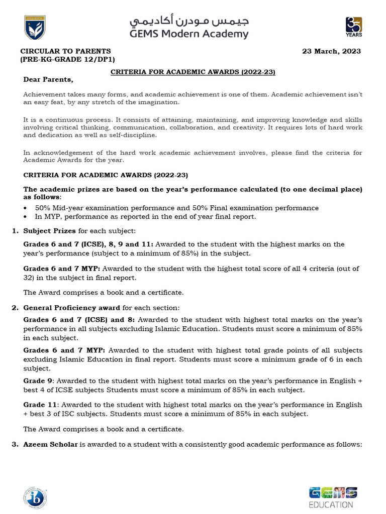 Circular Criteria For Academic Awards (Pre KG Grade 12 and IBDP1) PDF