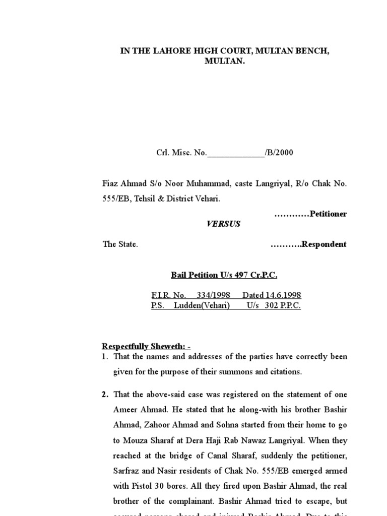 Bail Petition in Lahore High Court | PDF | Bail | Legal Procedure