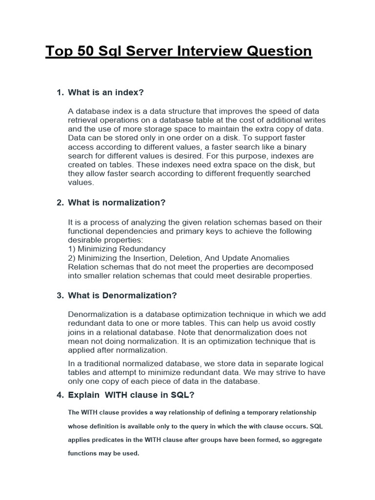 Top 50 SQL Server Interview Question | PDF | Database Index ...