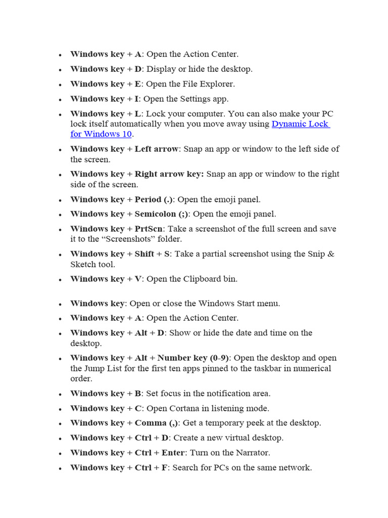 Windows 10 Keyboard Shortcuts Guide | PDF | Screenshot | Computing