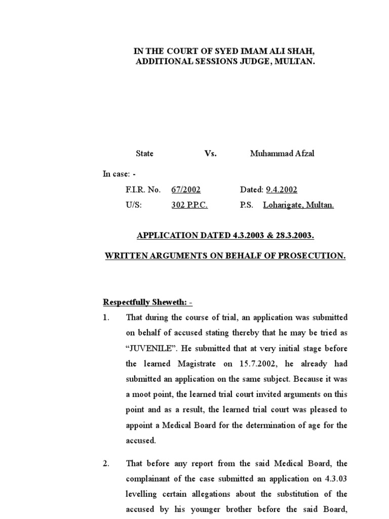 In The Court of Syed Imam Ali Shah, Additional Sessions Judge, Multan ...