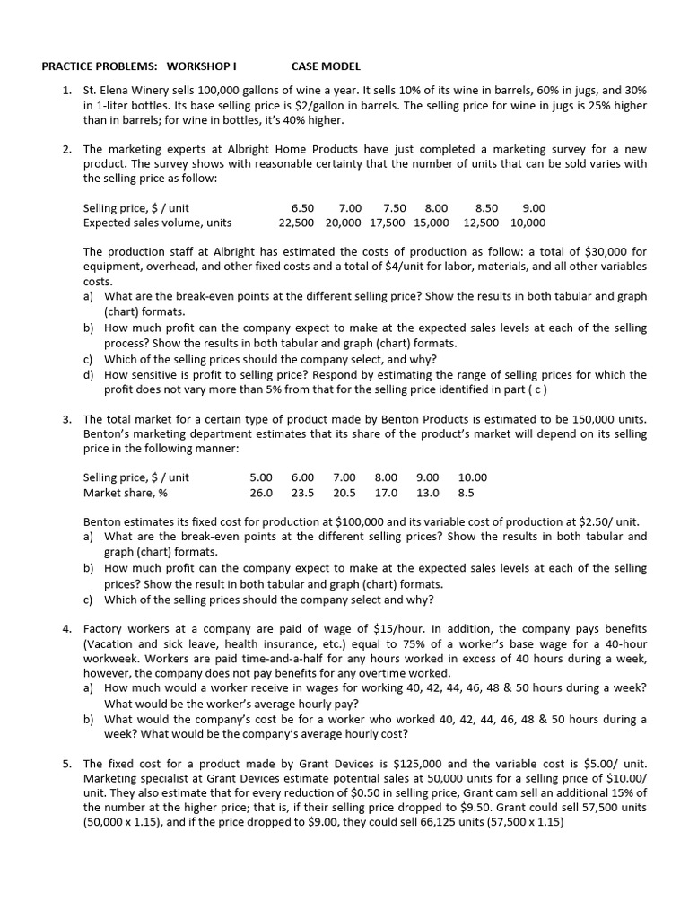 Workshop I Practice Problems Overview | PDF | Prices | Profit (Economics)