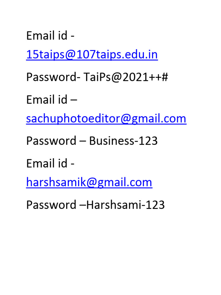 Email Id and Password PDF