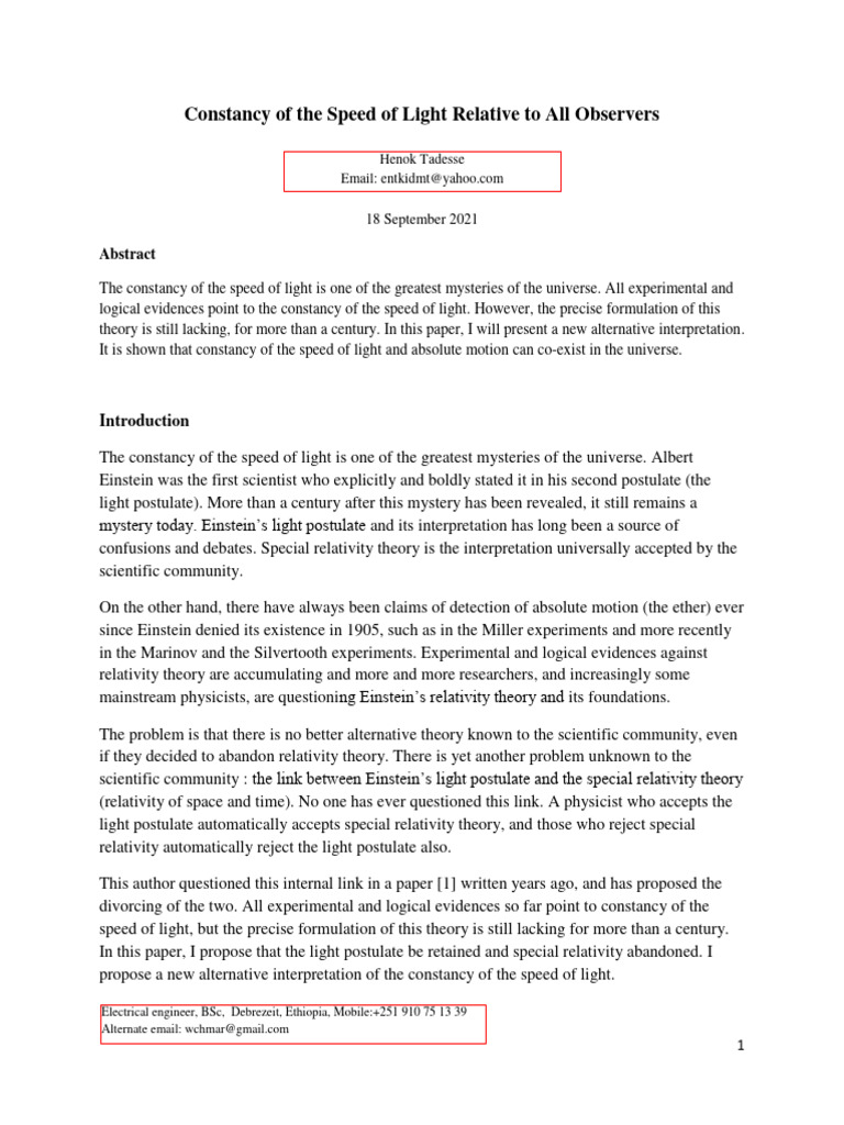 Constancy of The Speed of Light V2 FINAL | PDF | Special Relativity ...
