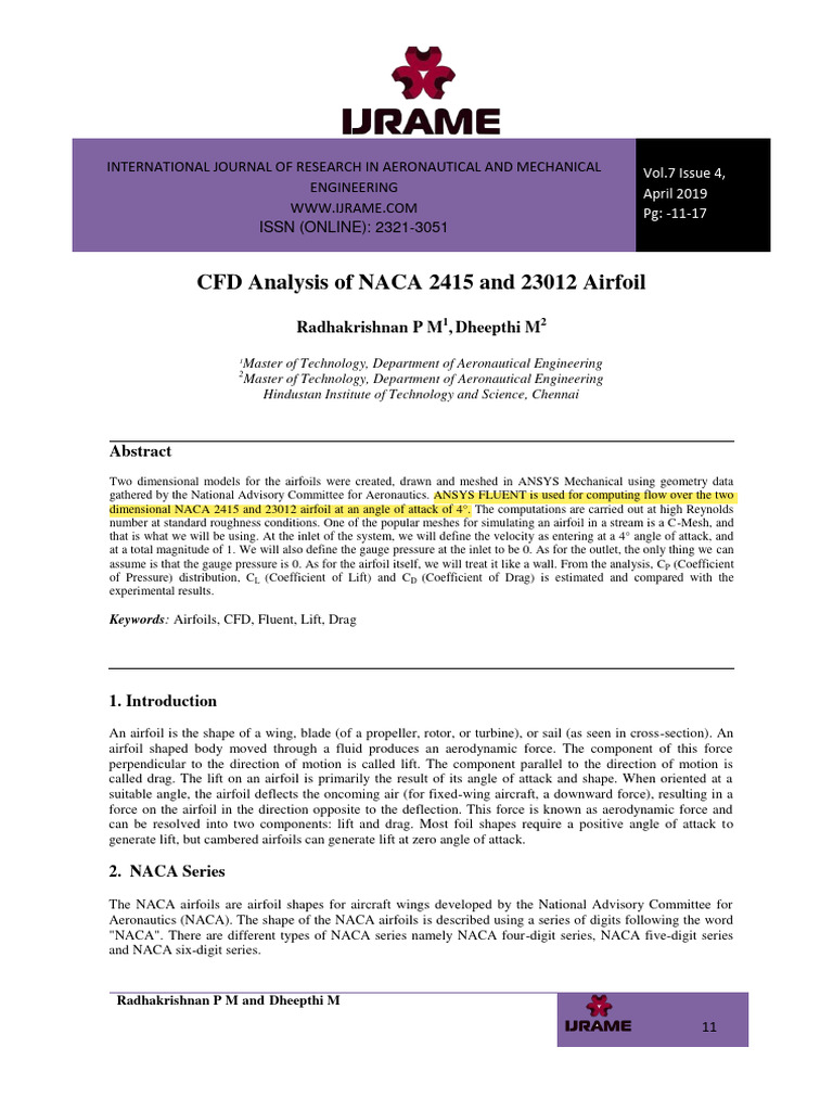 CFD Analysis of NACA 2415 and 23012 | PDF | Airfoil | Lift (Force)