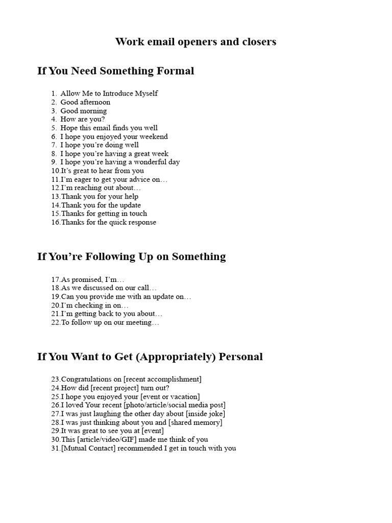 Work email openers and closers pdf
