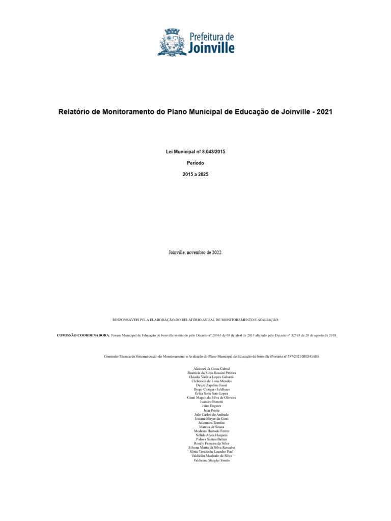 Relatorio de Monitoramento Do Plano Municipal de Educacao de Joinville ...