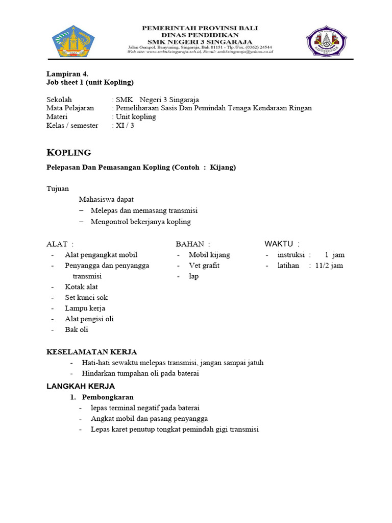 Lampiran 4 Job Sheet Unit Kopling | PDF