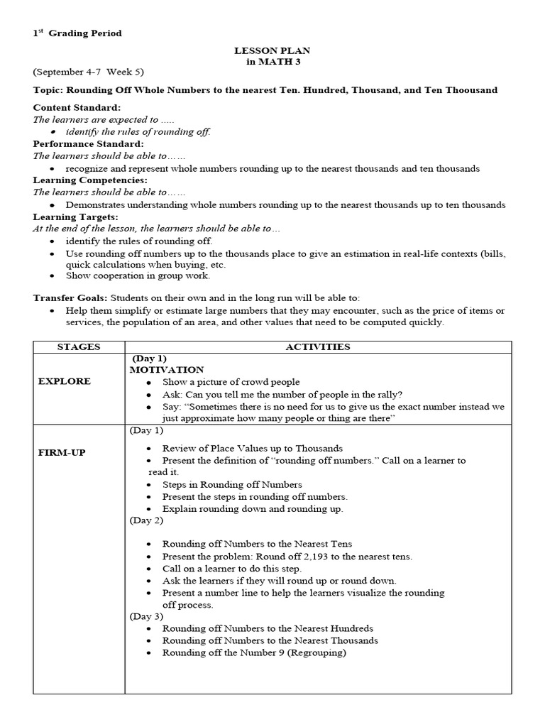 Math Lesson Plan: Rounding Whole Numbers | PDF | Learning | Rounding