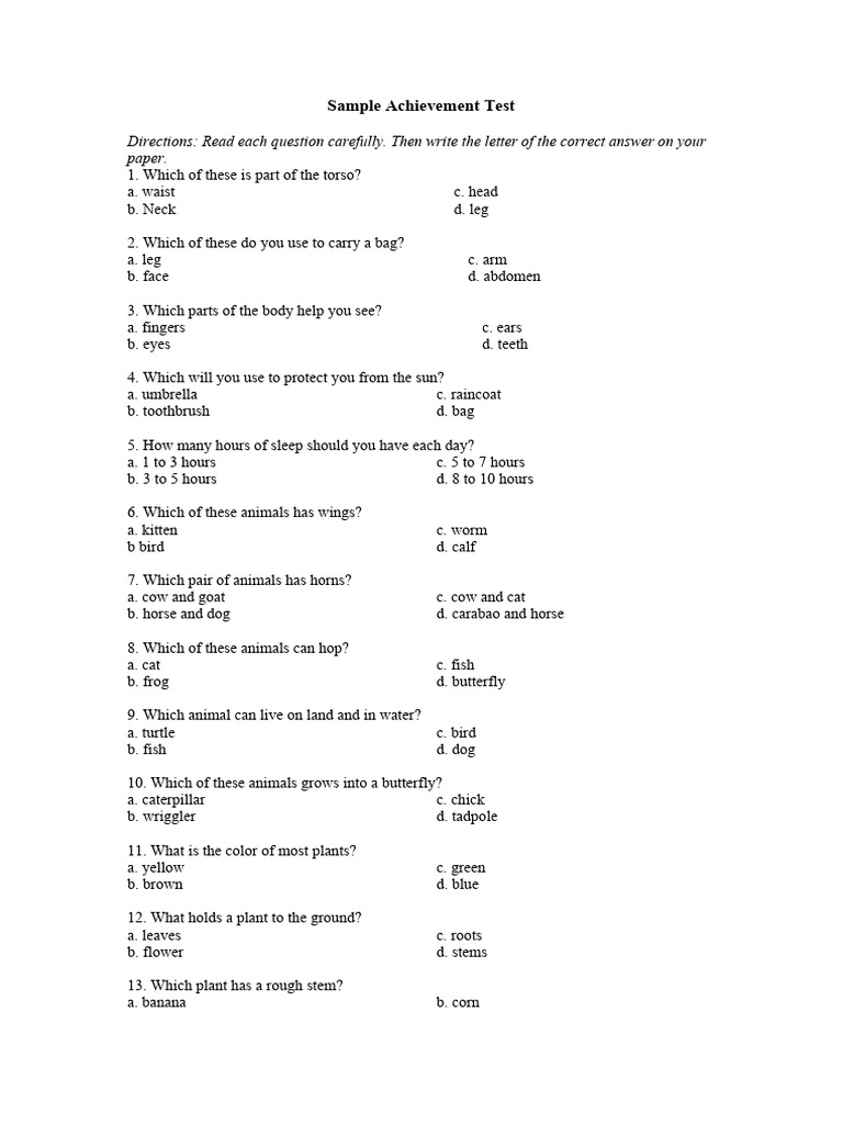 G1 Achievement Test Sample Questions | PDF | Sky