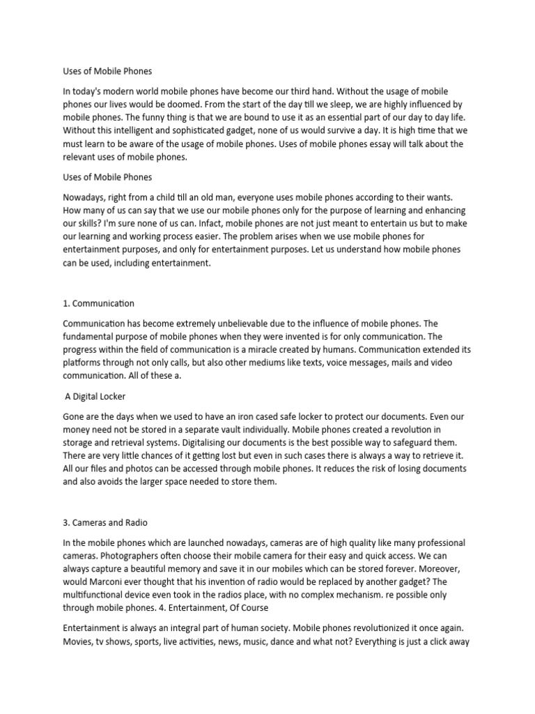 Uses of Mobile Phones Essay For Students PDF