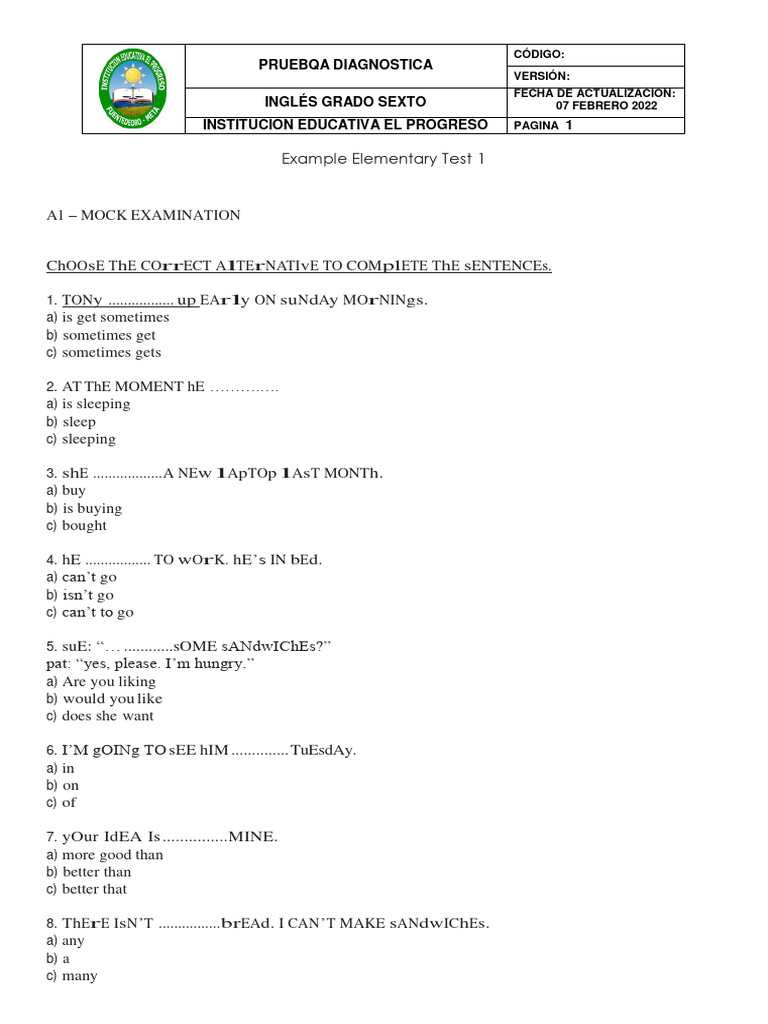 Examen Diagnóstico de Inglés 6to Grado | PDF