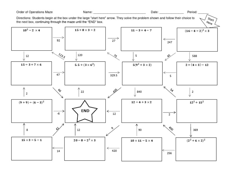 Order of Operations Maze 1 PDF