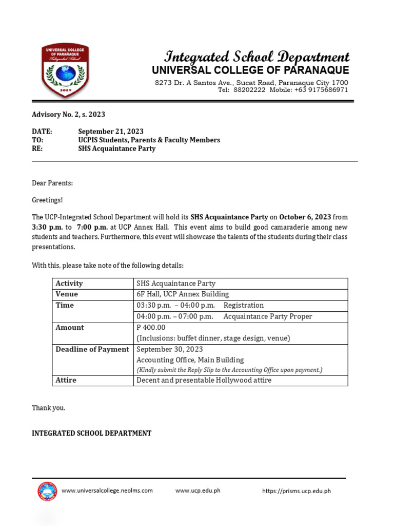UCP SHS Acquaintance Party Details | PDF | Science & Mathematics