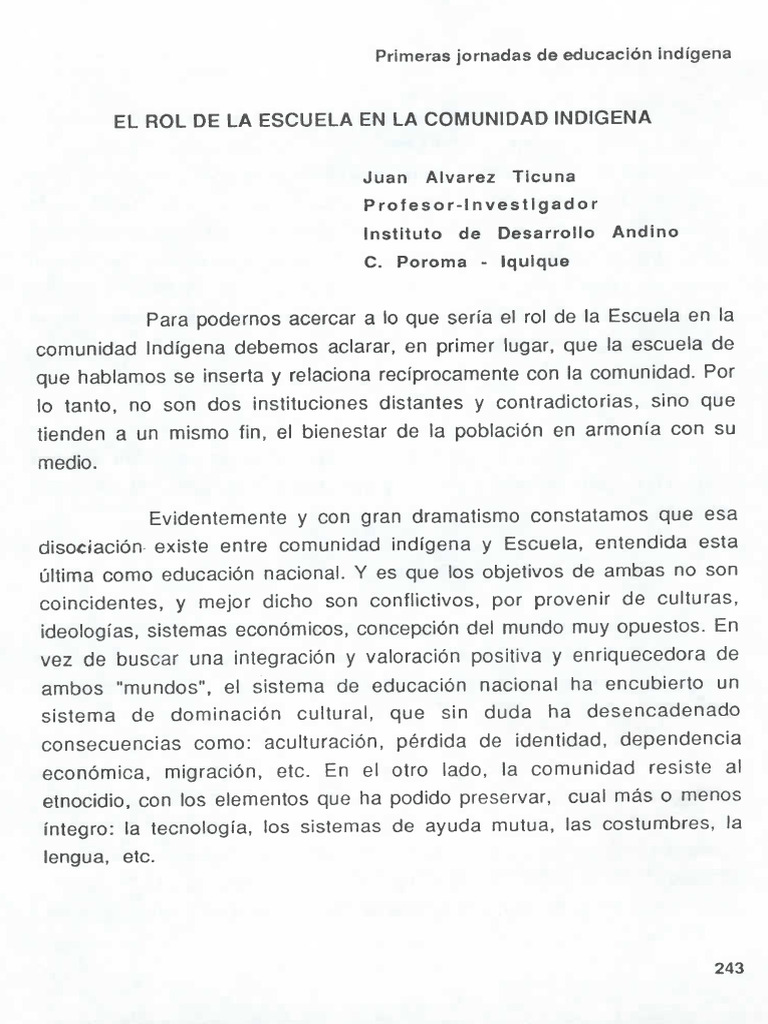 EL ROL DE LA ESCUELA EN LA COMUNIDAD INDÍGENA. Juan Alvarez Ticuna | PDF