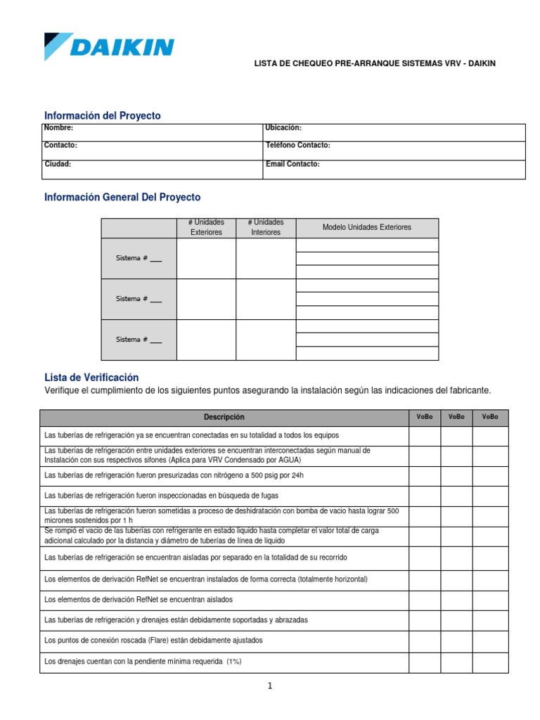 Lista de Chequeo Pre-Arranque VRV Daikin | PDF | Agua | Refrigeración