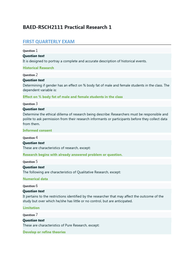 Practical Research Exam Questions | PDF | Qualitative Research ...