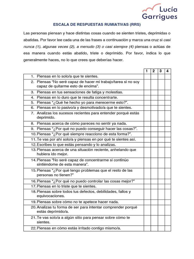 Escala de Respuestas Rumiativas (RRS) | PDF | Relaciones personales ...