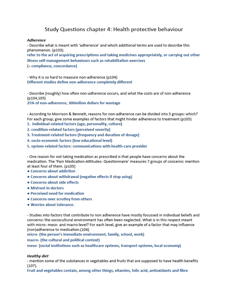 Study Questions Chapter 4 Health Protective Behaviour PDF