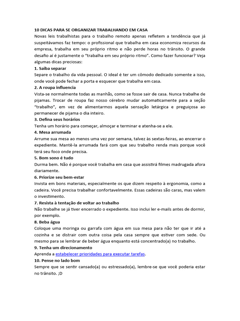 Dicas para Trabalhar em Casa Eficientemente | PDF | Carreira e Crescimento