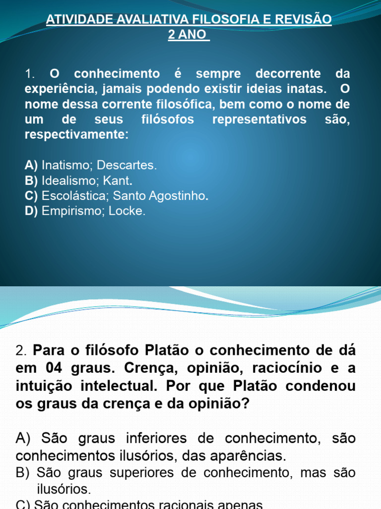Atividade Avaliativa e Revisão I Unidade Filosofia 1 Ano Com Gabarito | PDF