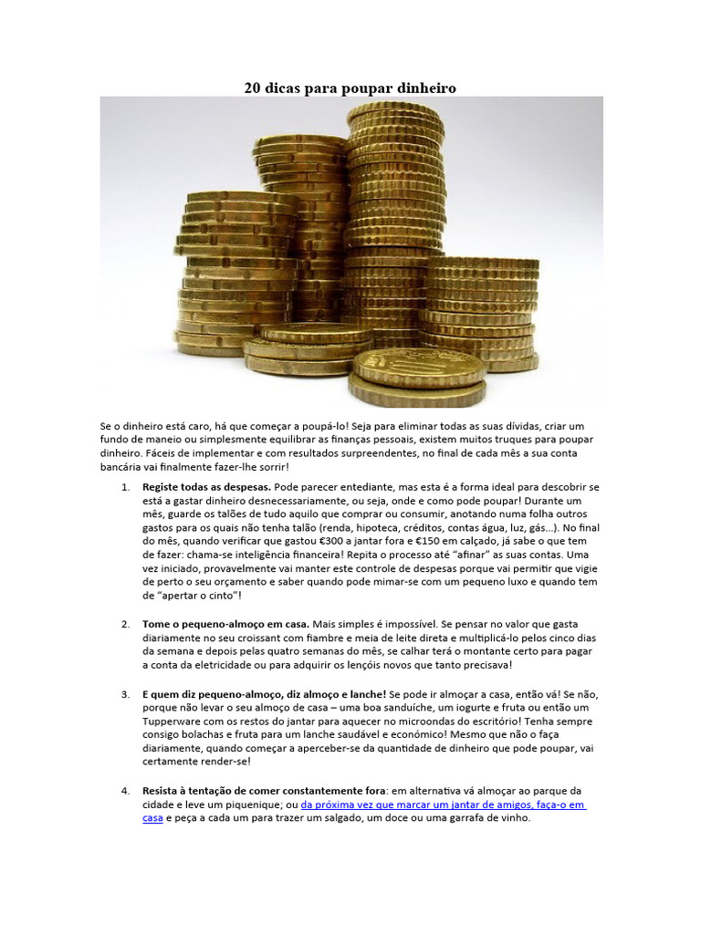 20 Dicas para Economizar Dinheiro | PDF