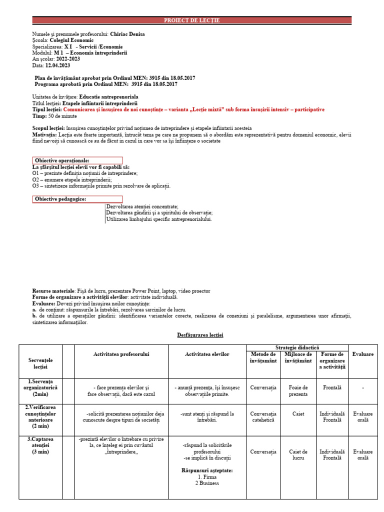 Plan de Lectie Etapele Intreprinderii | PDF