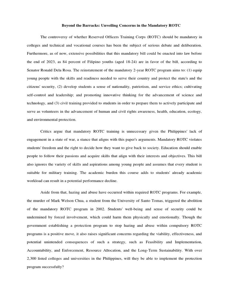 Argumentative Essay About Mandatory ROTC (Final) | PDF