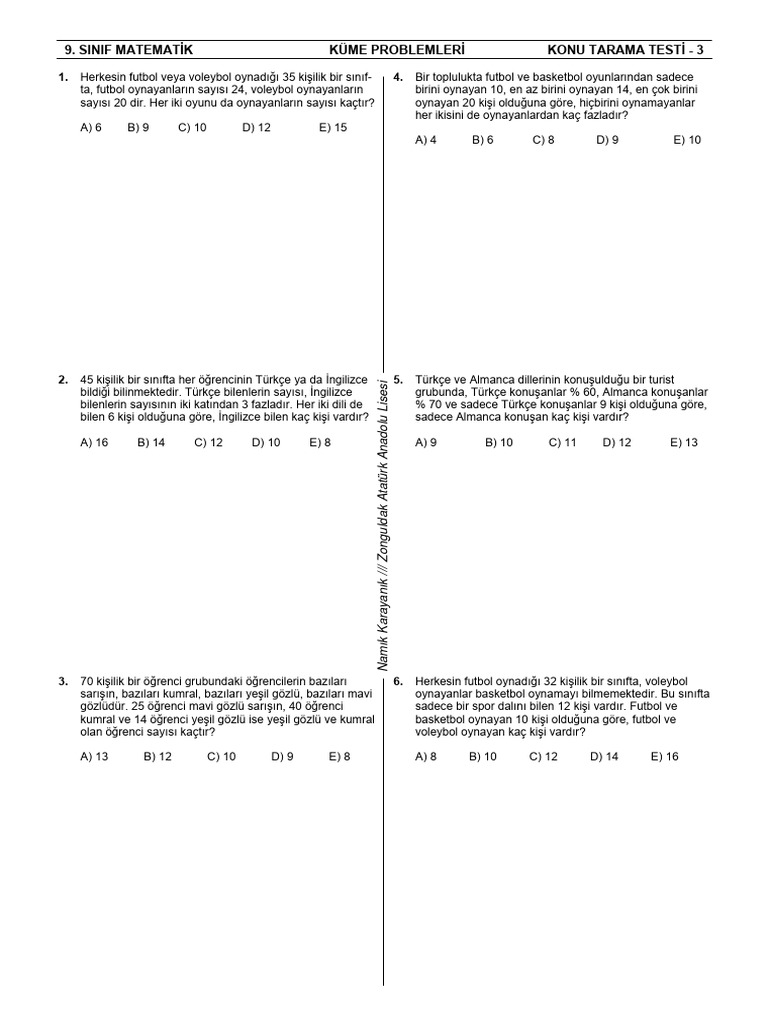 Sınıf Matematik Kümeler Test3 | PDF