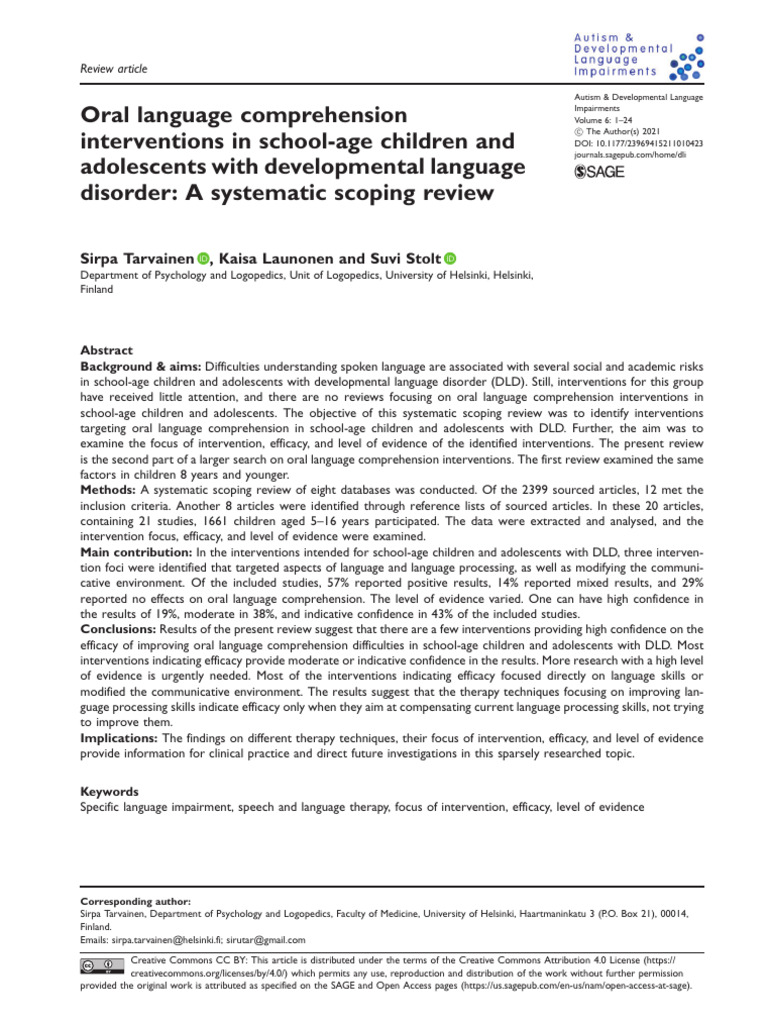 2021 - Oral Language Comprehension Interventions in School-Age Childer ...