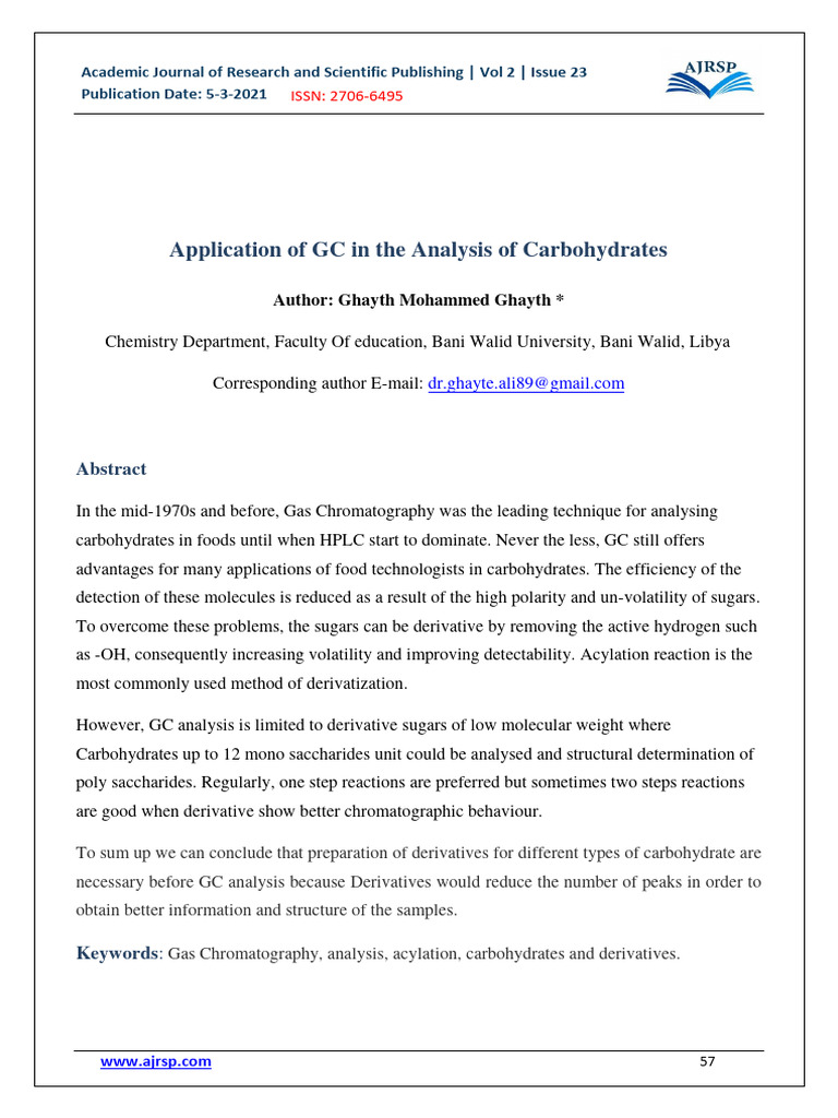 Application of GC in The Analysis of Carbohydrates | PDF