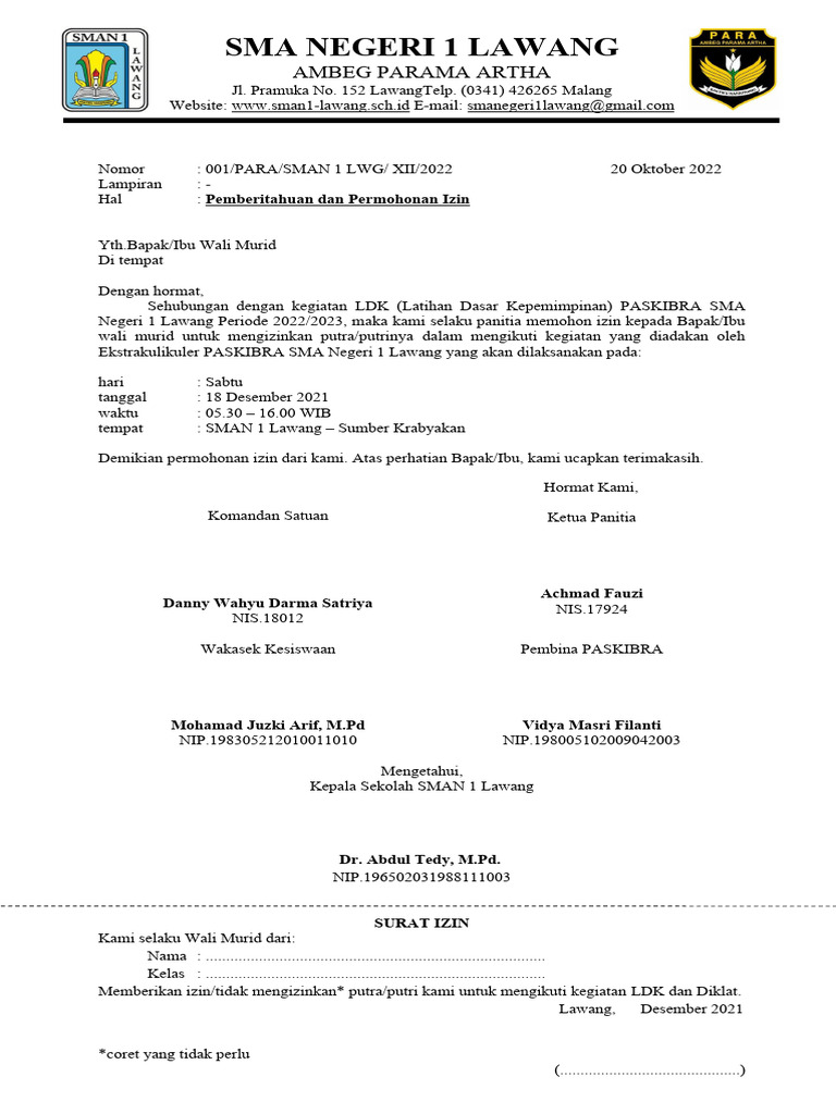 Surat Izin Wali Murid | PDF