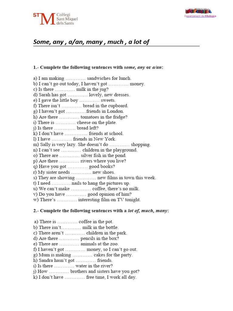 Exercises on Quantifiers: Some, Any, Much | PDF